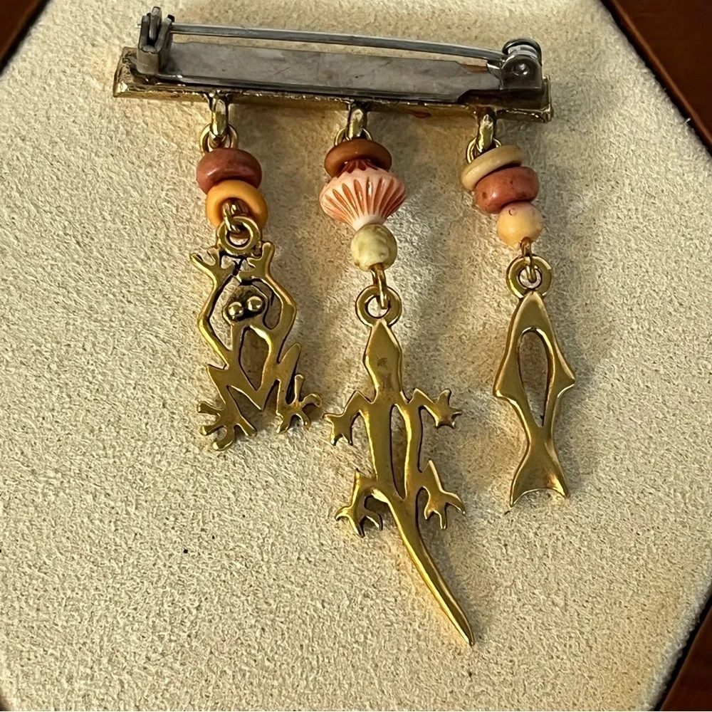 Vintage Gold Charm Brooch with Animal Pendants
